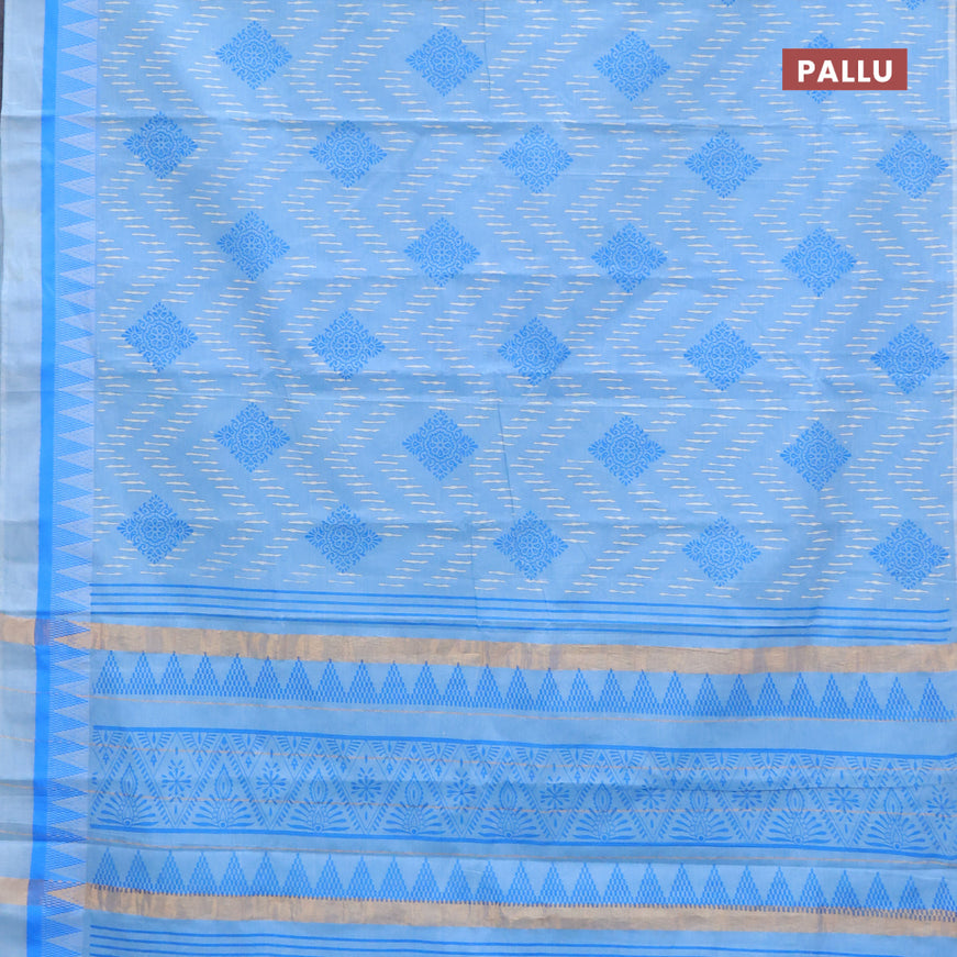 Chirala cotton saree light blue with allover prints and temple design thread woven border