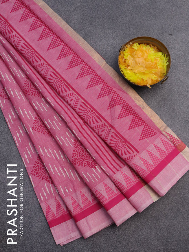 Chirala cotton saree light pink with allover prints and temple design thread woven border