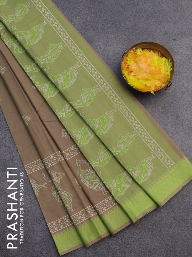 Chirala cotton saree beige and light green with butta prints and thread woven border