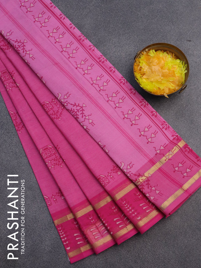 Chirala cotton saree pink with butta prints and rettapet zari woven printed border