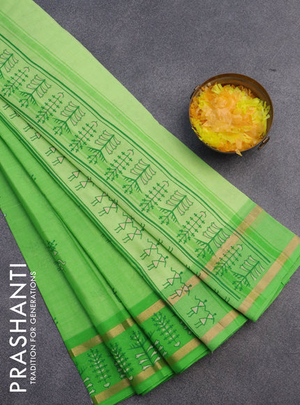 Chirala cotton saree light green with butta prints and rettapet zari woven printed border