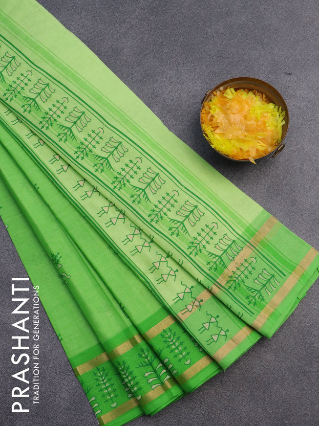 Chirala cotton saree light green with butta prints and rettapet zari woven printed border