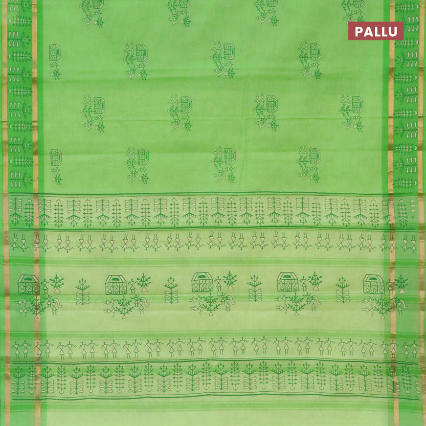 Chirala cotton saree light green with butta prints and rettapet zari woven printed border