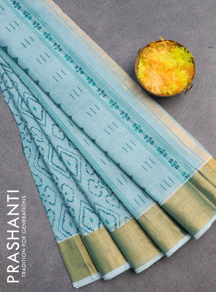 Chirala cotton saree blue shade with allover prints and zari woven border