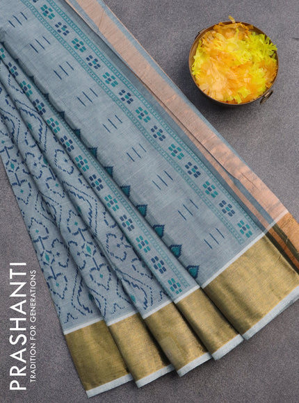 Chirala cotton saree bluish grey with allover prints and zari woven border