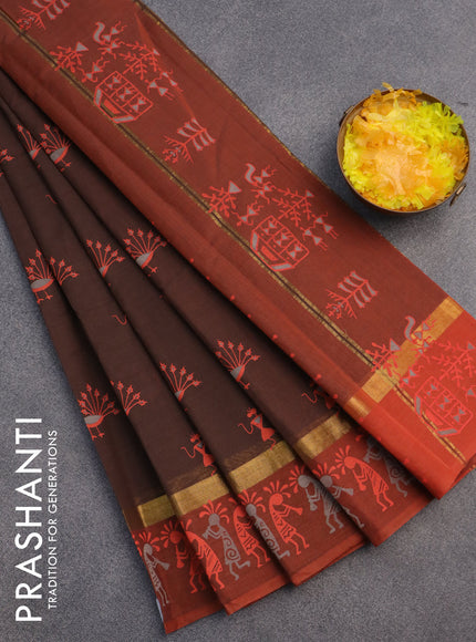 Chirala cotton saree brown and rust shade with warli butta prints and zari woven simple border