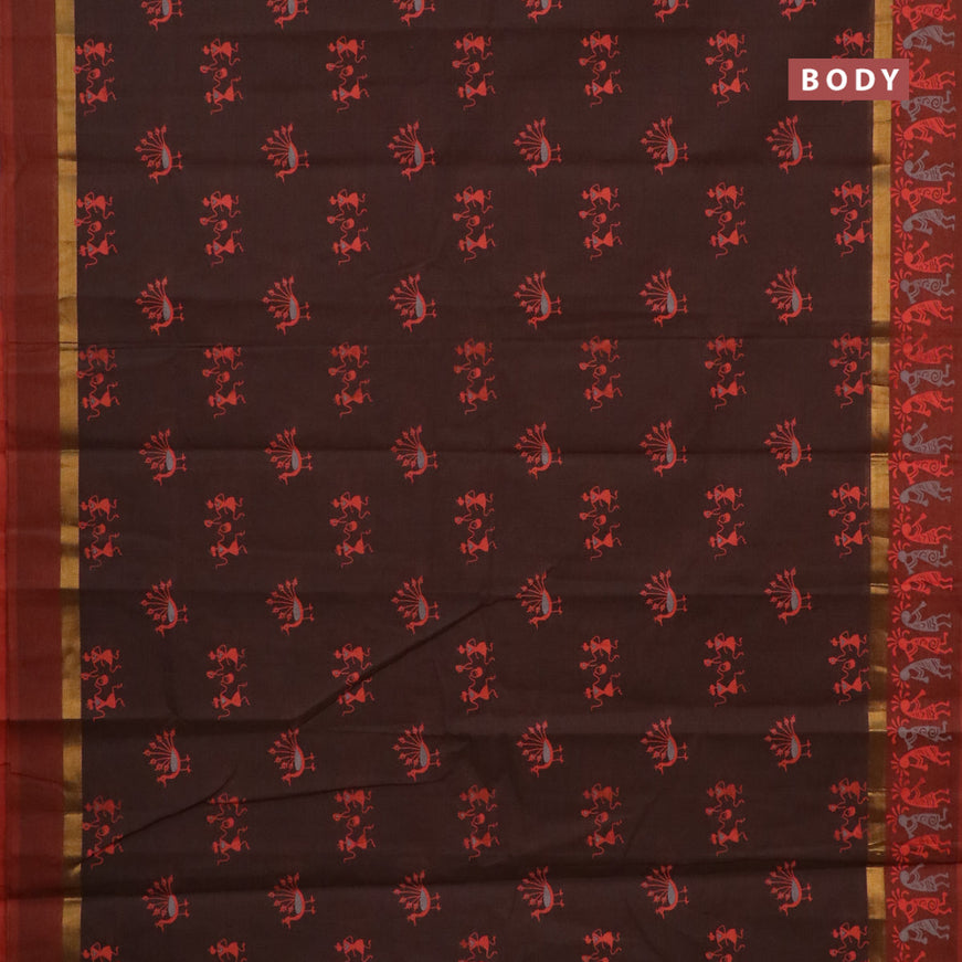 Chirala cotton saree brown and rust shade with warli butta prints and zari woven simple border