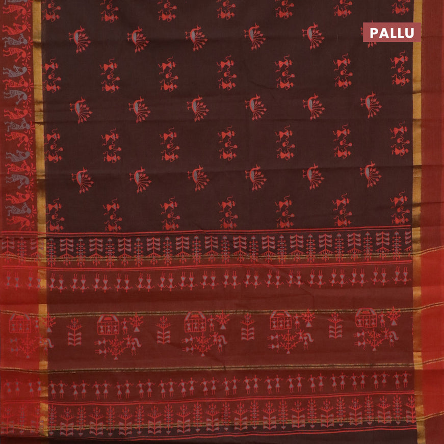 Chirala cotton saree brown and rust shade with warli butta prints and zari woven simple border