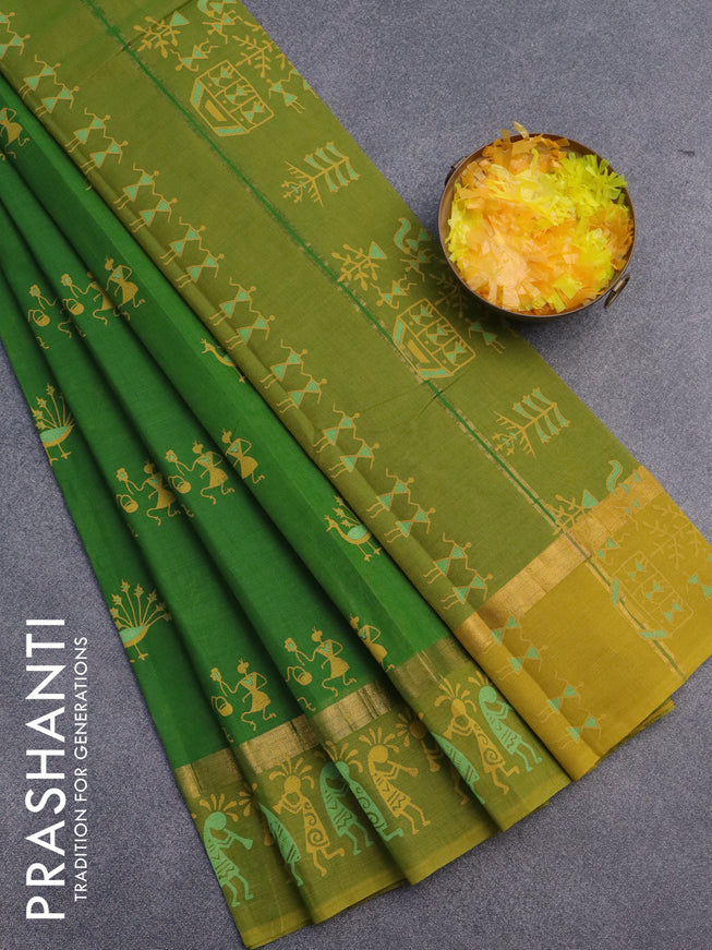 Chirala cotton saree green and mustard yellow with warli butta prints and zari woven simple border