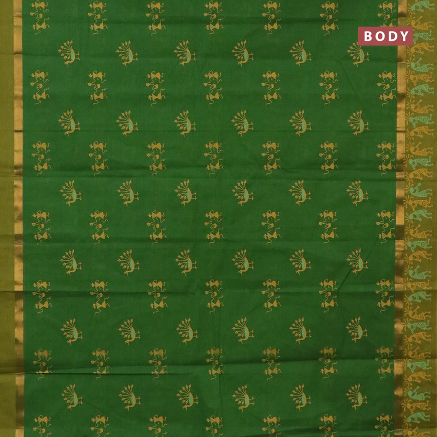 Chirala cotton saree green and mustard yellow with warli butta prints and zari woven simple border