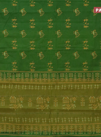 Chirala cotton saree green and mustard yellow with warli butta prints and zari woven simple border