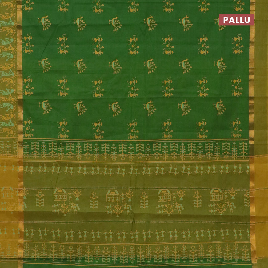 Chirala cotton saree green and mustard yellow with warli butta prints and zari woven simple border