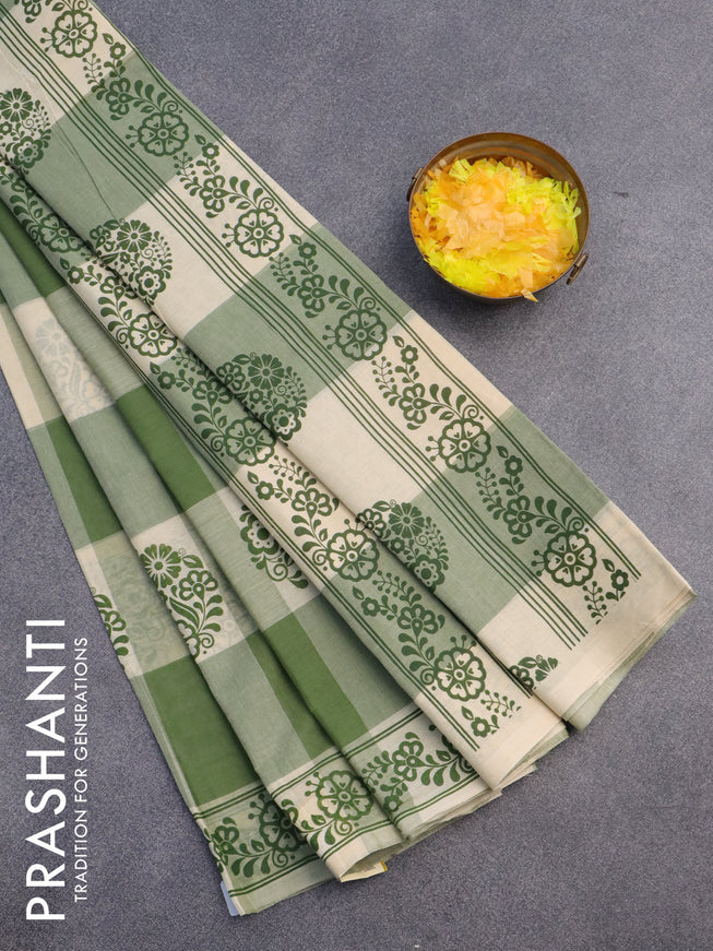 Chirala cotton saree green shade and cream with floral butta prints and printed border