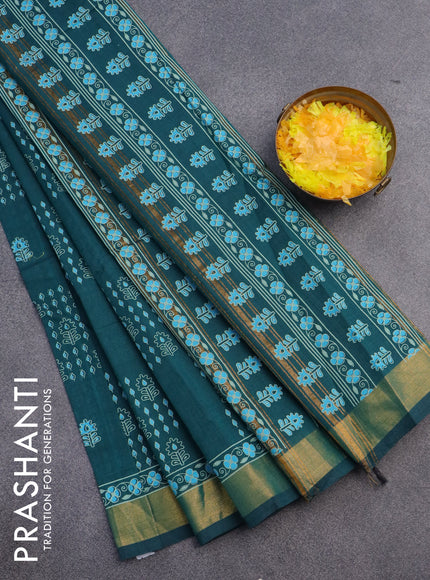 Chirala cotton saree peacock green with allover prints and zari woven border