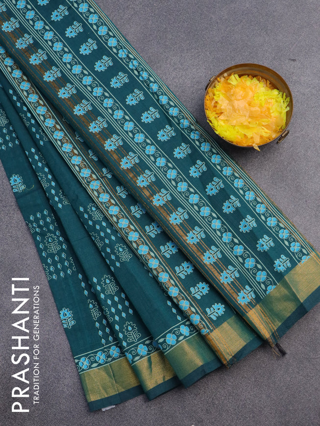 Chirala cotton saree peacock green with allover prints and zari woven border