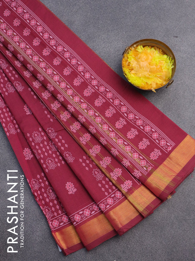 Chirala cotton saree maroon with allover prints and zari woven border