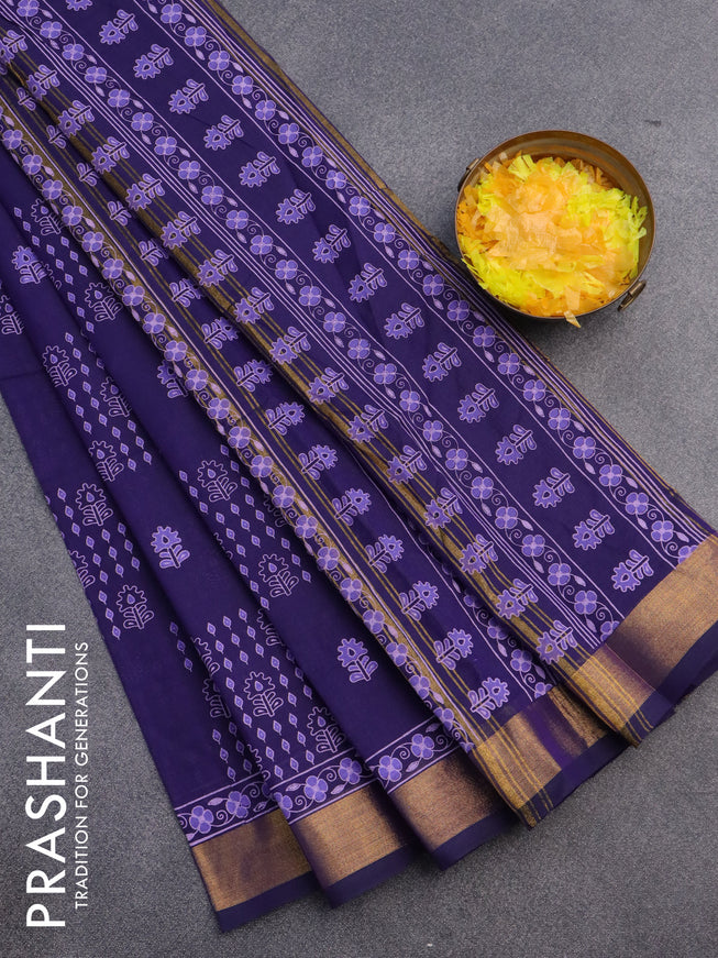 Chirala cotton saree deep violet with allover prints and zari woven border