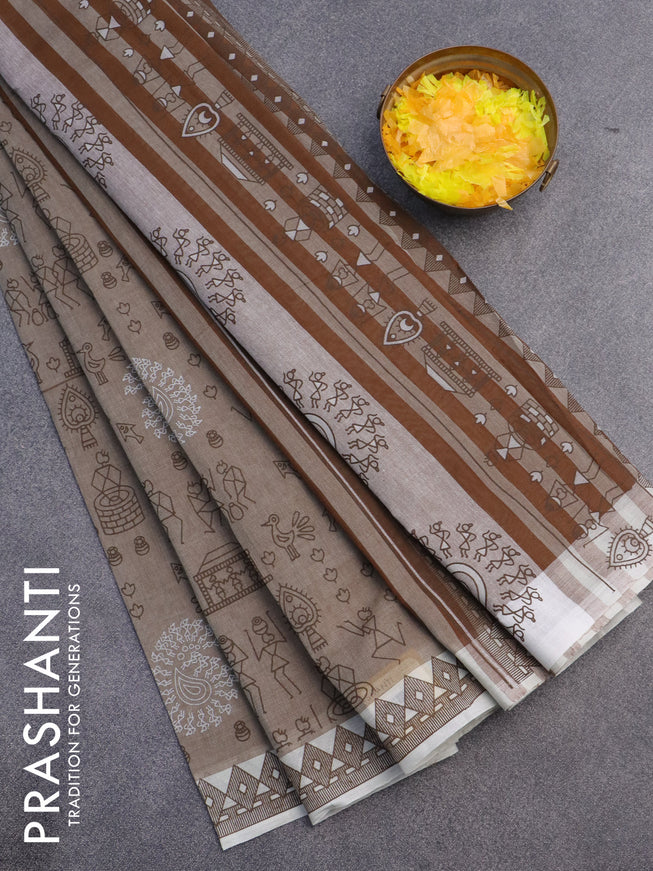 Chirala cotton saree brown shade and off white with allover butta prints and printed border