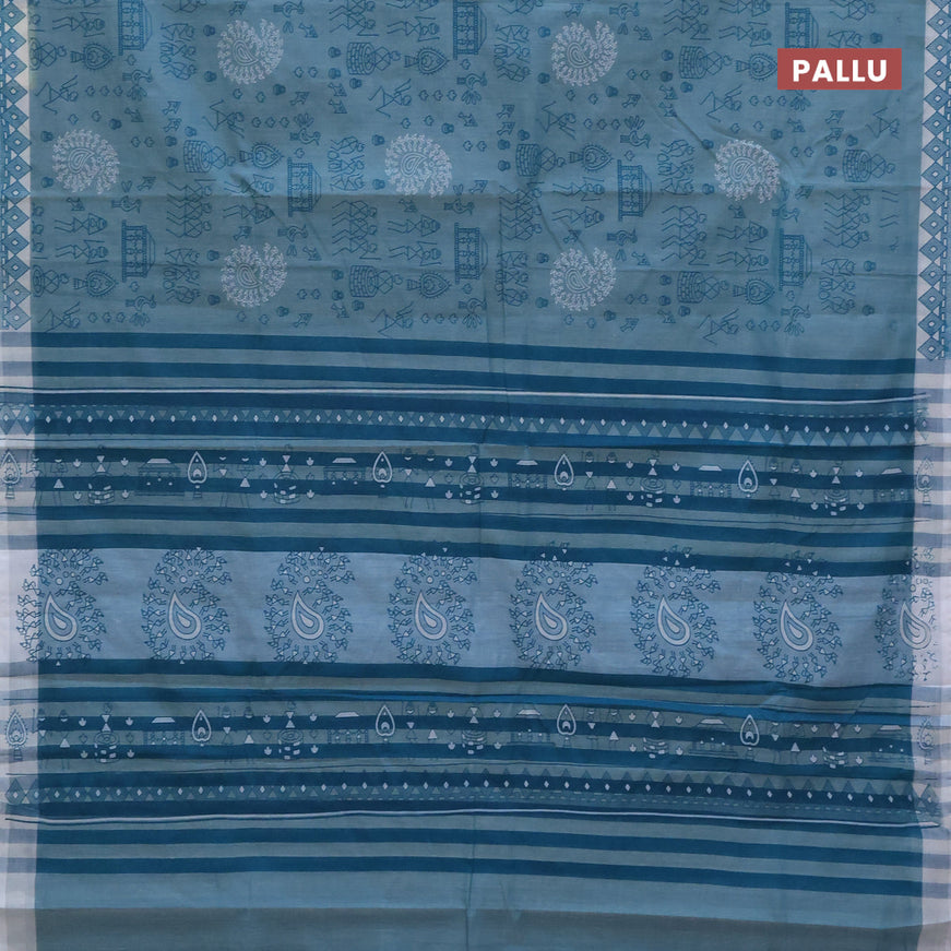 Chirala cotton saree teal blue shade and off white with allover butta prints and printed border