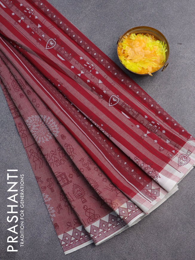 Chirala cotton saree maroon shade and off white with allover butta prints and printed border