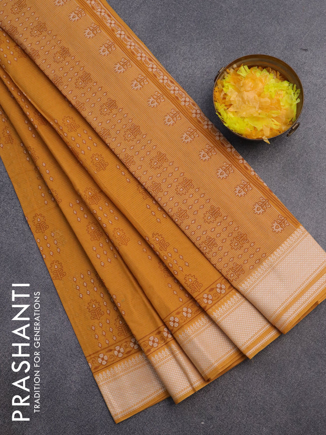 Chirala cotton saree mustard yellow with allover prints and thread woven border