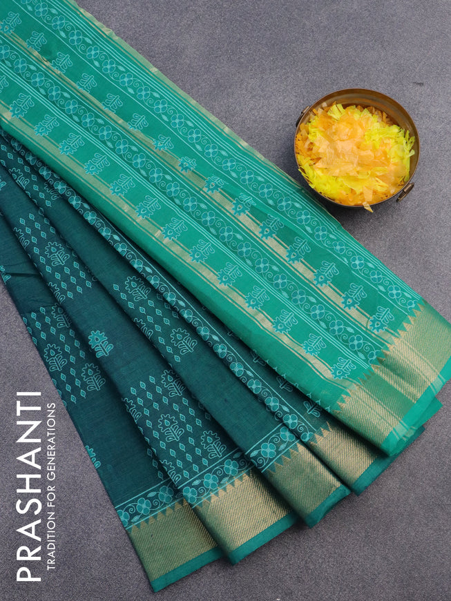 Chirala cotton saree peacock green with allover prints and zari woven border