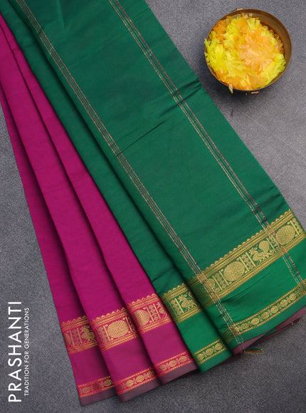 10 Yards poly cotton saree magenta pink and green with plain body and rettapet zari woven border