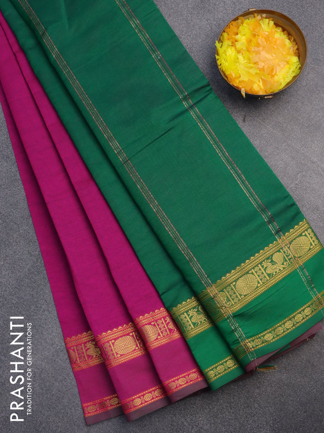 10 Yards poly cotton saree magenta pink and green with plain body and rettapet zari woven border