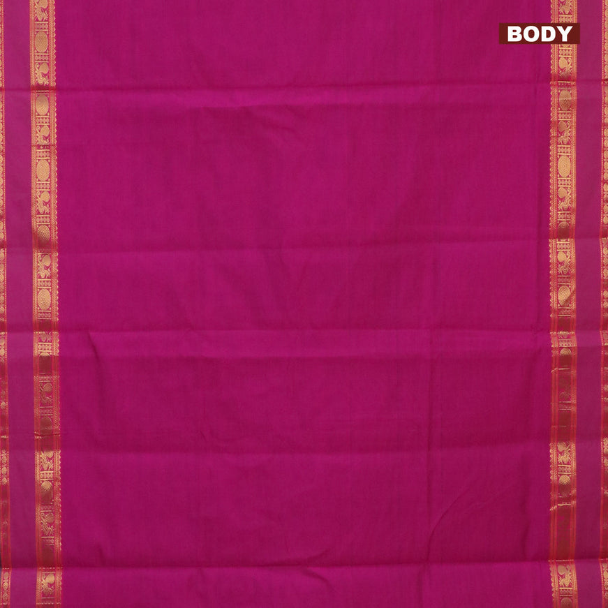 10 Yards poly cotton saree magenta pink and green with plain body and rettapet zari woven border