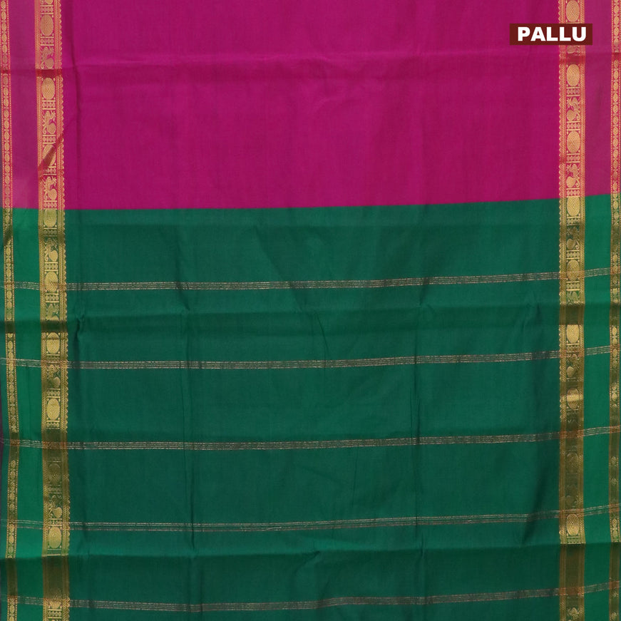 10 Yards poly cotton saree magenta pink and green with plain body and rettapet zari woven border