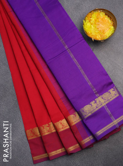 10 Yards poly cotton saree red and violet with plain body and rettapet zari woven border