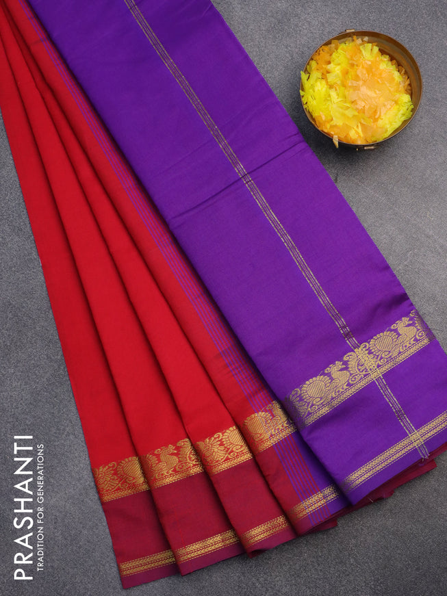 10 Yards poly cotton saree red and violet with plain body and rettapet zari woven border