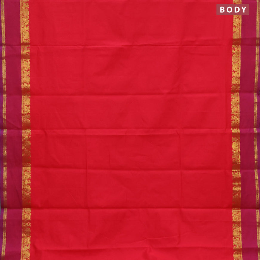 10 Yards poly cotton saree red and violet with plain body and rettapet zari woven border