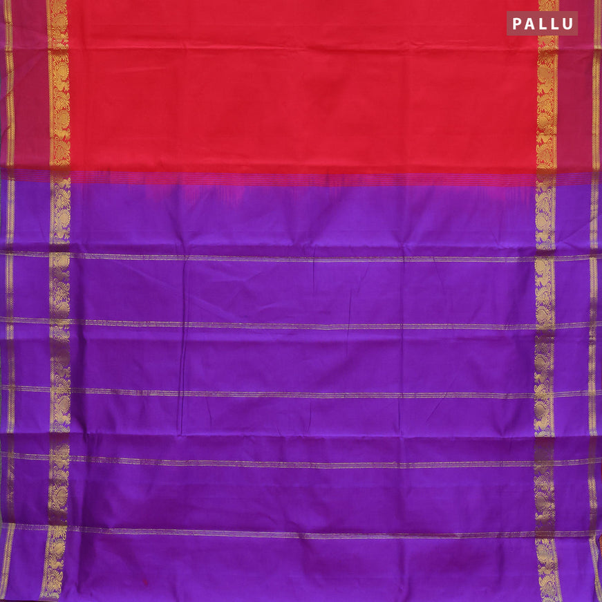 10 Yards poly cotton saree red and violet with plain body and rettapet zari woven border