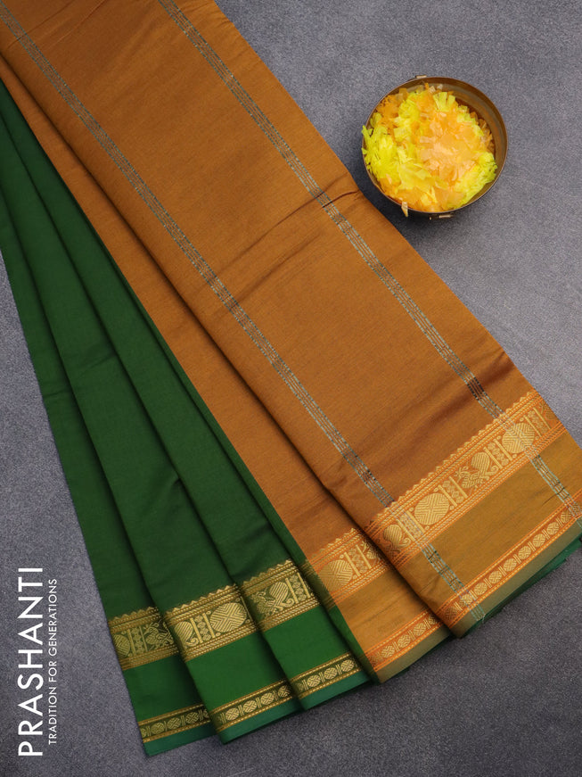 10 Yards poly cotton saree sap green and dark mustard with plain body and rettapet zari woven border