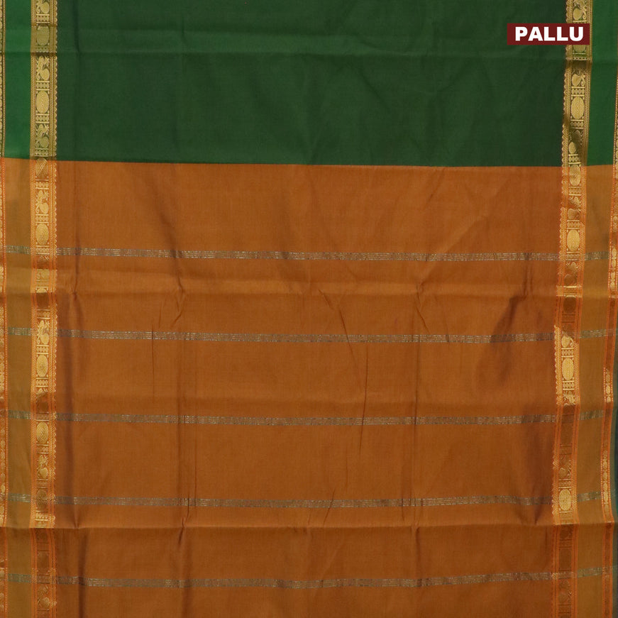 10 Yards poly cotton saree sap green and dark mustard with plain body and rettapet zari woven border