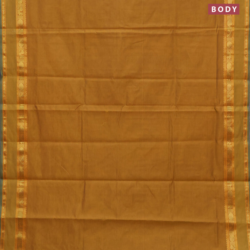 10 Yards poly cotton saree dark mustard and maroon with plain body and rettapet zari woven border