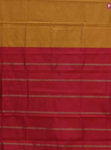 10 Yards poly cotton saree dark mustard and maroon with plain body and rettapet zari woven border