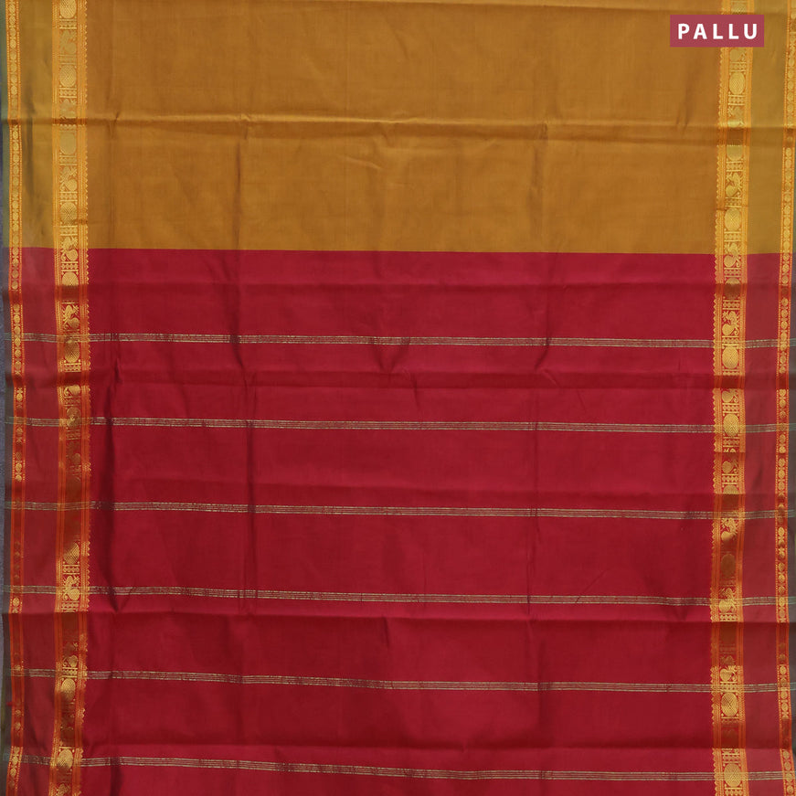 10 Yards poly cotton saree dark mustard and maroon with plain body and rettapet zari woven border