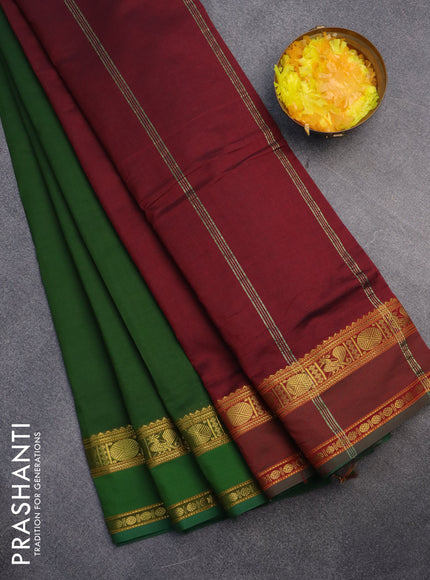 10 Yards poly cotton saree sap green and maroon with plain body and rettapet zari woven border