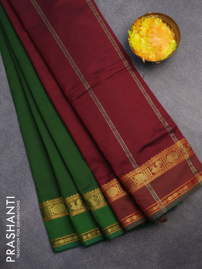 10 Yards poly cotton saree sap green and maroon with plain body and rettapet zari woven border