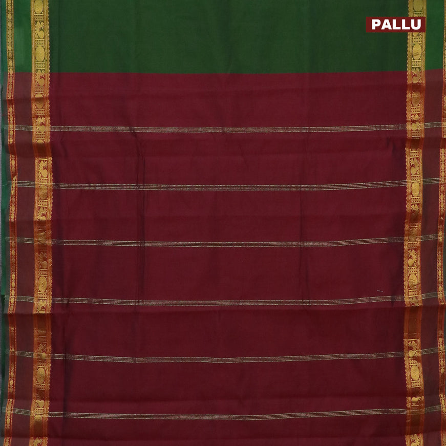 10 Yards poly cotton saree sap green and maroon with plain body and rettapet zari woven border