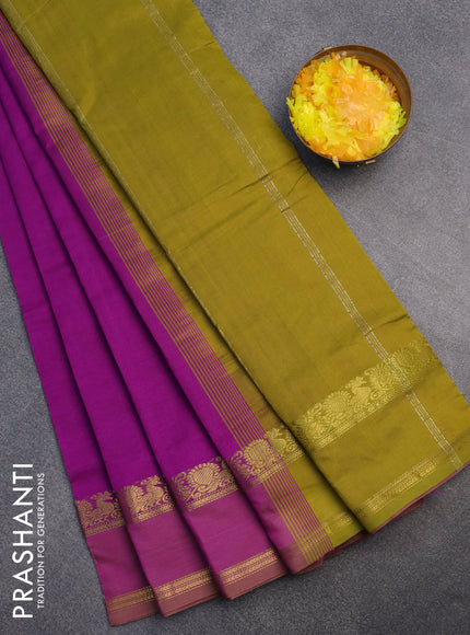 10 Yards poly cotton saree purple and mustard green with plain body and rettapet zari woven border