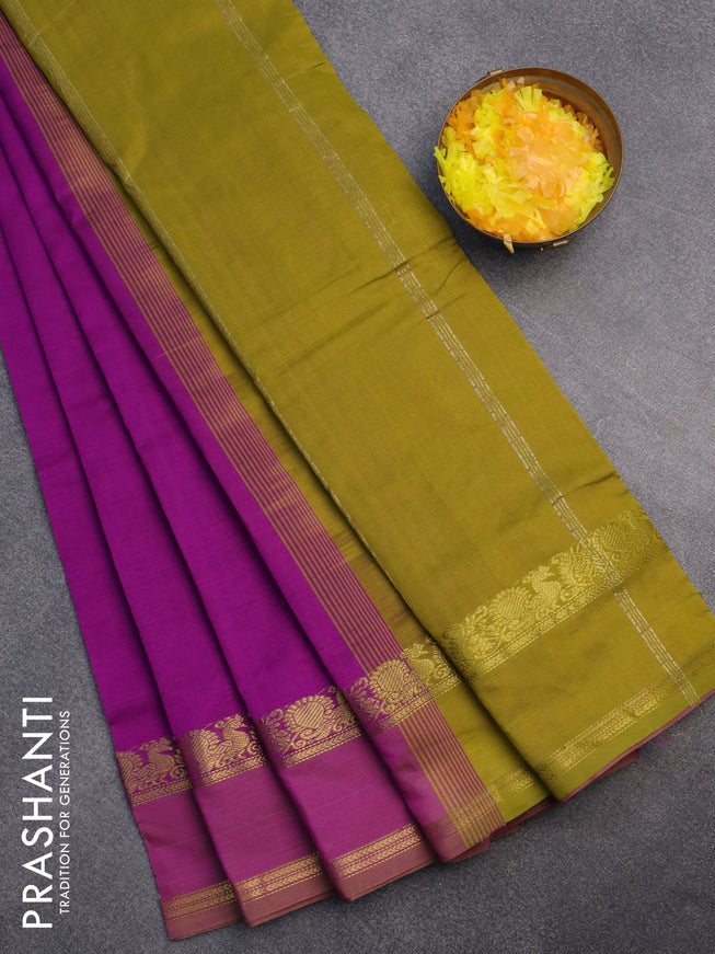 10 Yards poly cotton saree purple and mustard green with plain body and rettapet zari woven border