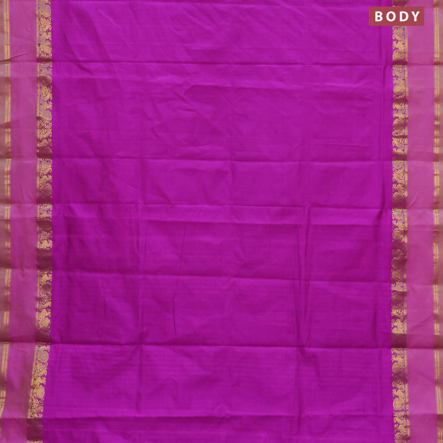 10 Yards poly cotton saree purple and mustard green with plain body and rettapet zari woven border