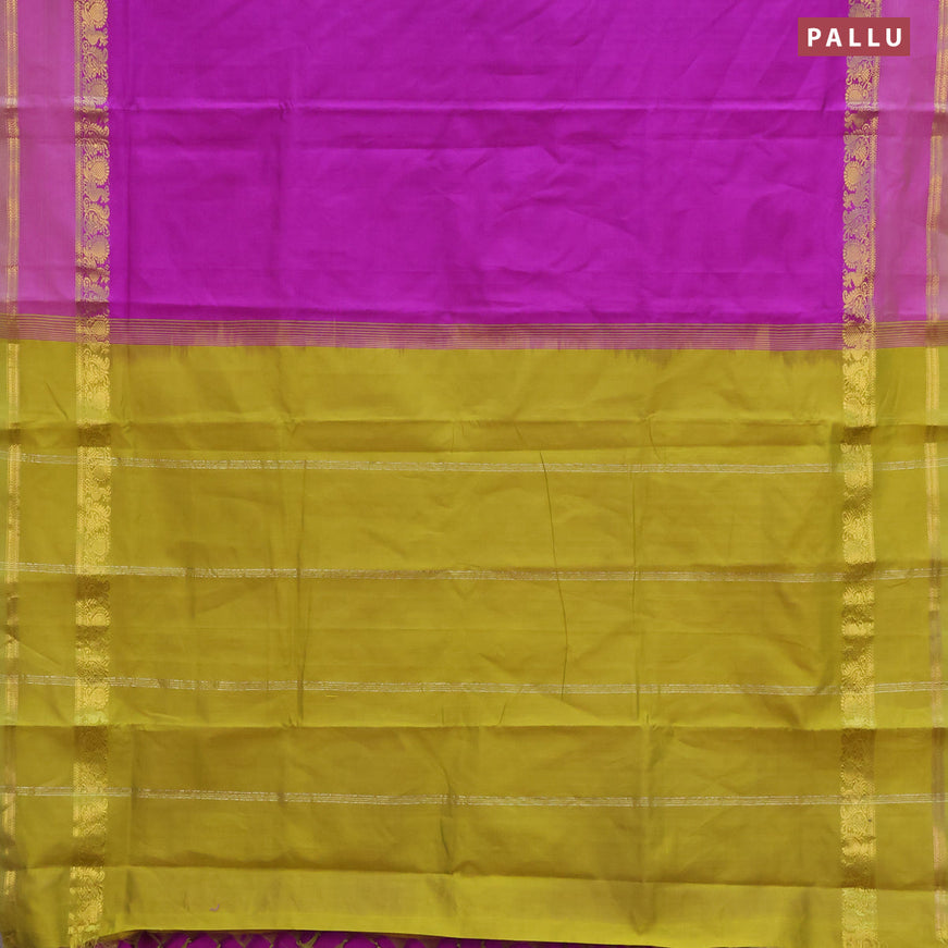 10 Yards poly cotton saree purple and mustard green with plain body and rettapet zari woven border