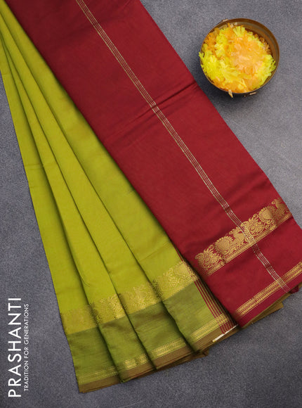 10 Yards poly cotton saree lime green and maroon with plain body and rettapet zari woven border