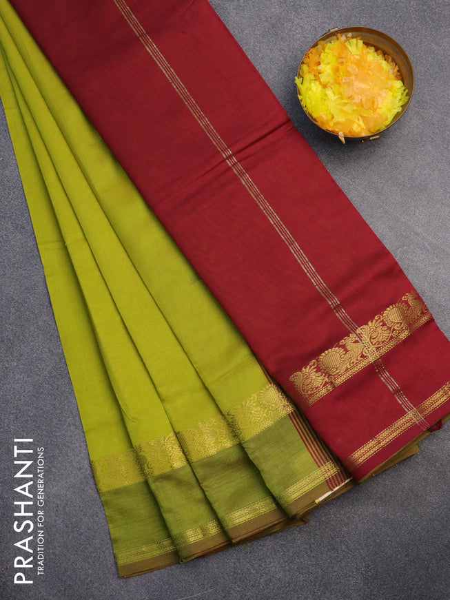 10 Yards poly cotton saree lime green and maroon with plain body and rettapet zari woven border