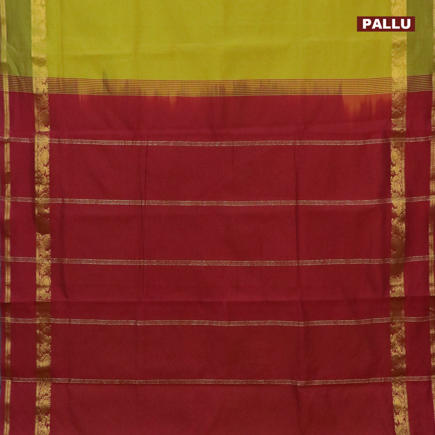 10 Yards poly cotton saree lime green and maroon with plain body and rettapet zari woven border