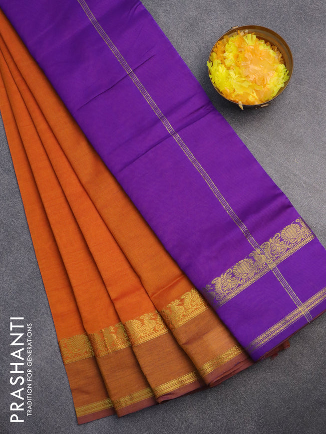 10 Yards poly cotton saree dual shade of mango yellow and violet with plain body and rettapet zari woven border